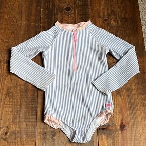 Ruffle Butts Blue and White Striped Swimsuit with Pink Ruffle